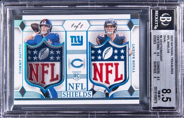 2023 Panini National Treasures Tommy Devito, Tyson Bagent Dual-Patch NFL Shields Dual #SDL-QB3 card image