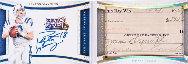 2023 Panini National Treasures Vince Lombardi/Peyton Manning Treasured Dual Cuts #1 card image