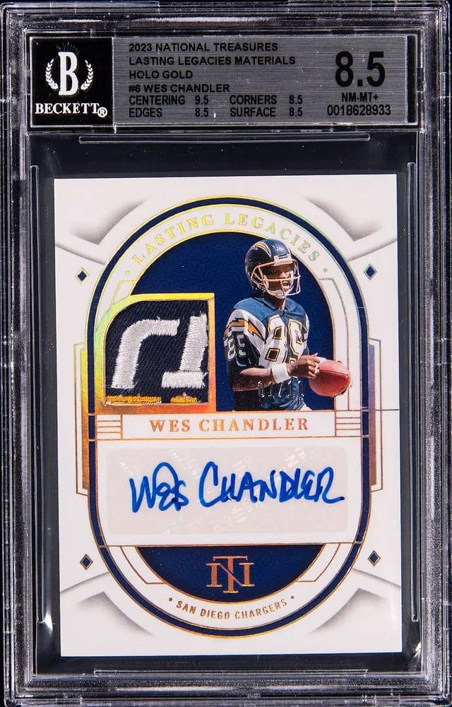 2023 Panini National Treasures Wes Chandler Lasting Legacies Materials Holo Gold #LLE-WCH card image