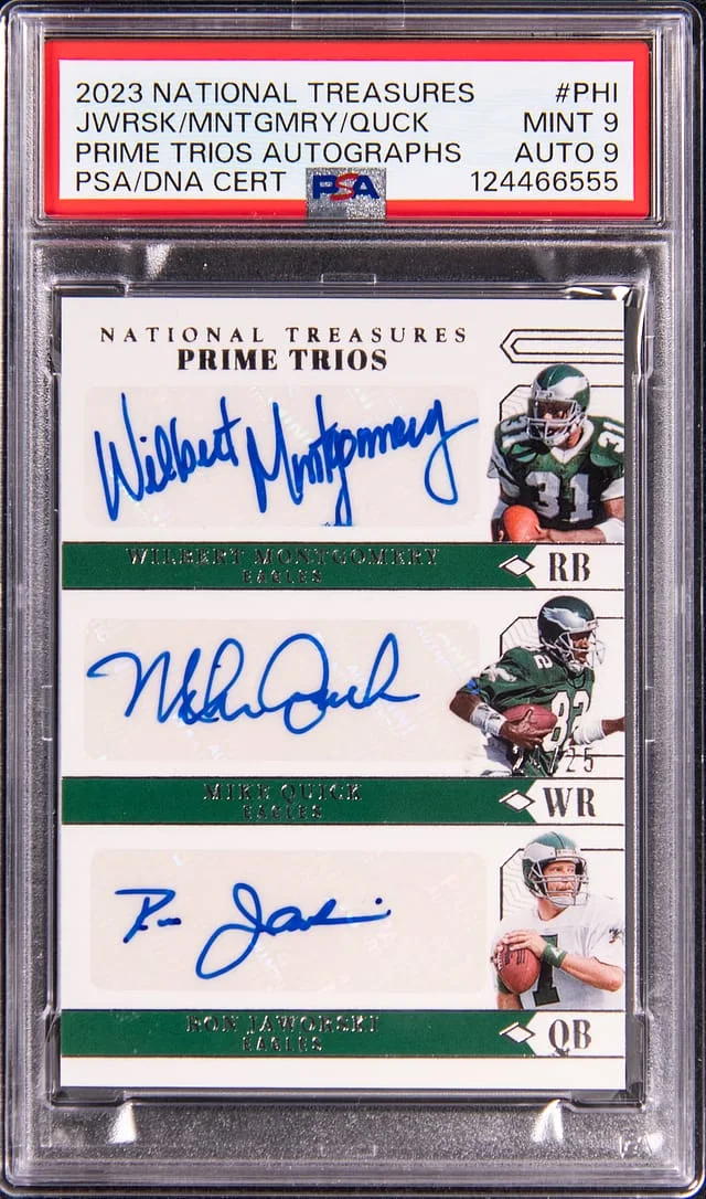 2023 Panini National Treasures Wilbert Montgomery/Mike Quick/Ron Jaworski Multi-Signed Prime Trios Autographs #PTR-PHI card image