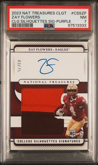 2023 Panini National Treasures Zay Flowers Collegiate College Silhouettes Signatures Purple #CSSZF card image