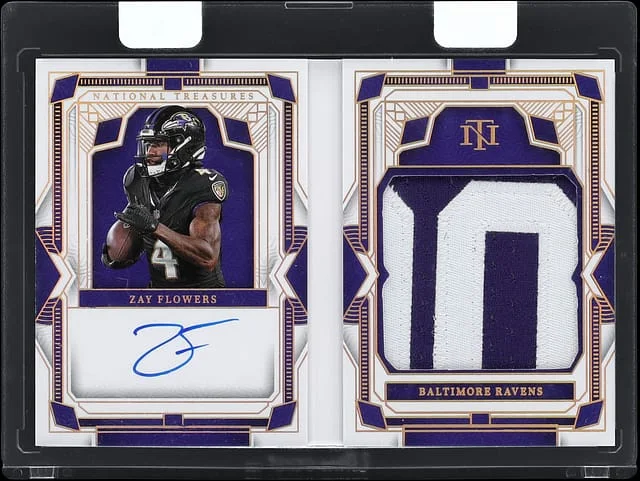 2023 Panini National Treasures Zay Flowers First Edition Signatures Booklet Holo Gold #RFE-ZFS card image