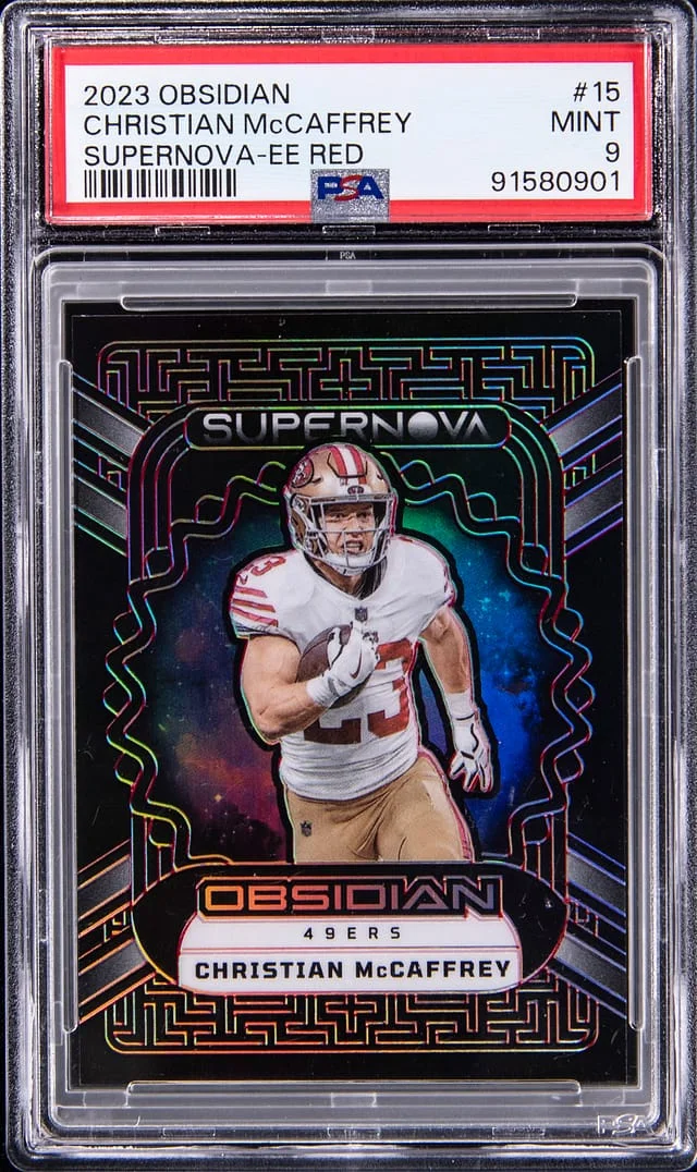 2023 Panini Obsidian Christian McCaffrey Supernova Electric Etch Red #15 card image