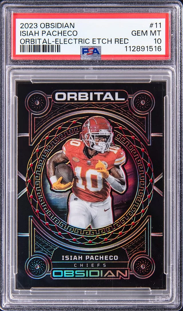 2023 Panini Obsidian Isiah Pacheco Orbital Electric Etch Red #11 card image