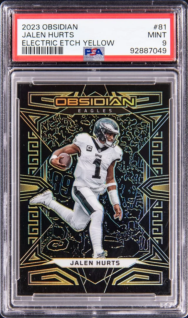 2023 Panini Obsidian Jalen Hurts Electric Etch Yellow #81 card image