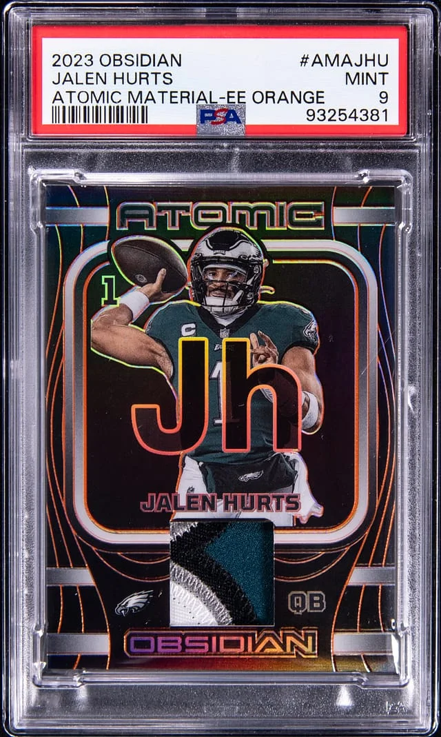 2023 Panini Obsidian Jalen Hurts Atomic Material-Electric Etch Orange #AMAJHU card image