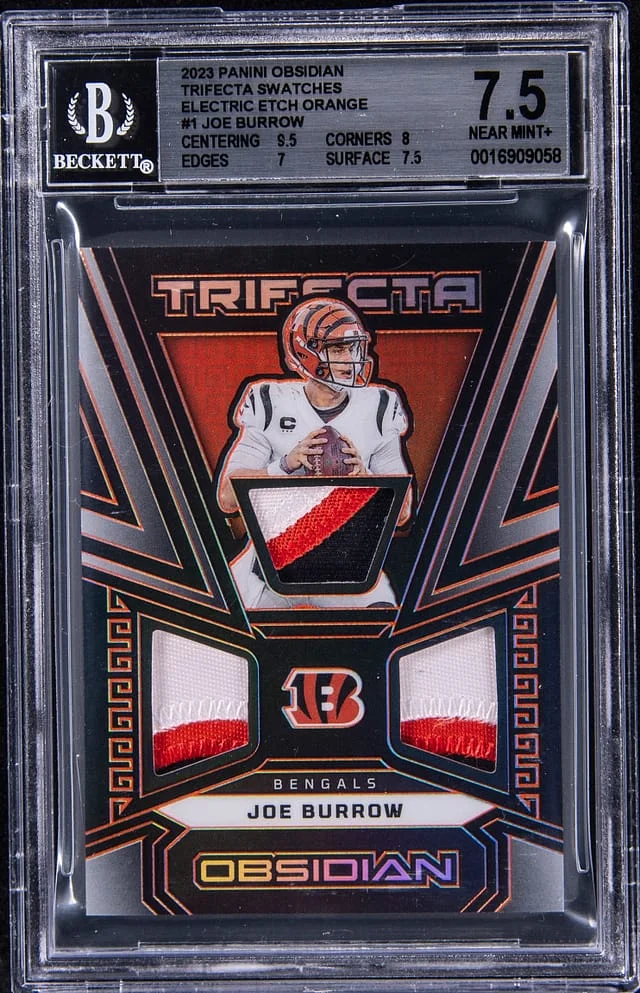 2023 Panini Obsidian Joe Burrow Triple-Patch Trifecta Swatches Electric Etch Orange #TRI-JBU card image