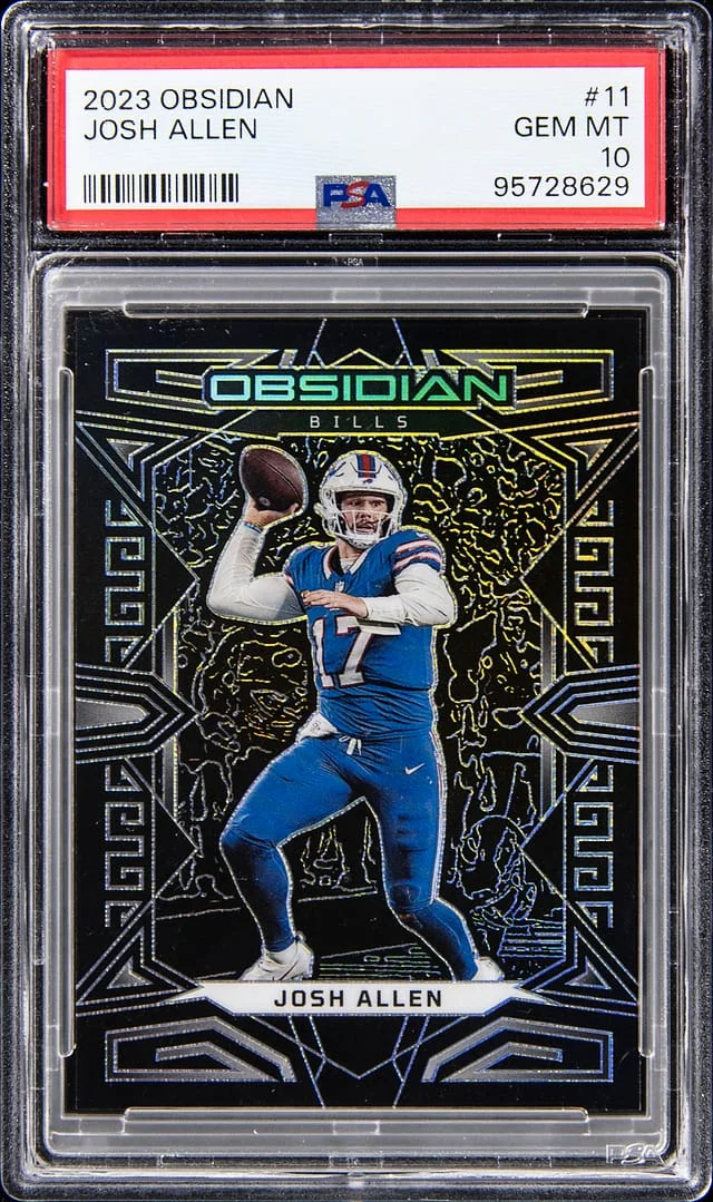 2023 Panini Obsidian Josh Allen Electric Etch Purple Flood FOTL #11 card image