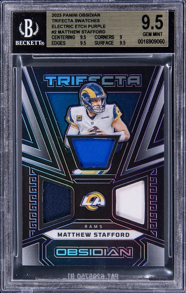 2023 Panini Obsidian Matthew Stafford Trifecta Swatches Electric Etch Purple #2 card image