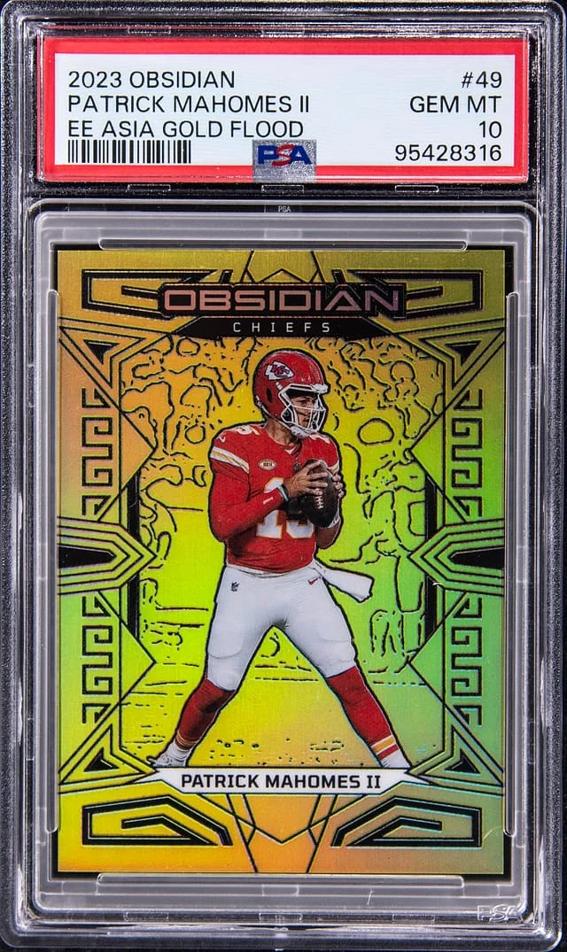 2023 Panini Obsidian Patrick Mahomes II Electric Etch Asia Gold Flood #49 card image