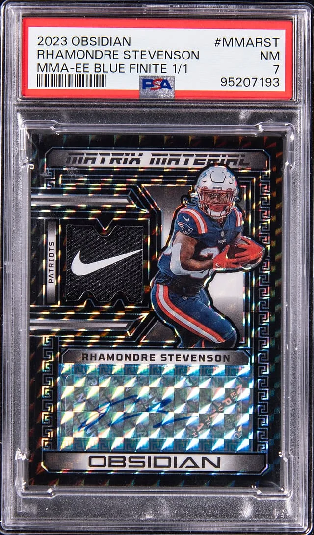 2023 Panini Obsidian Rhamondre Stevenson Matrix Material Electric Etch Blue Finite #MMA-RST card image