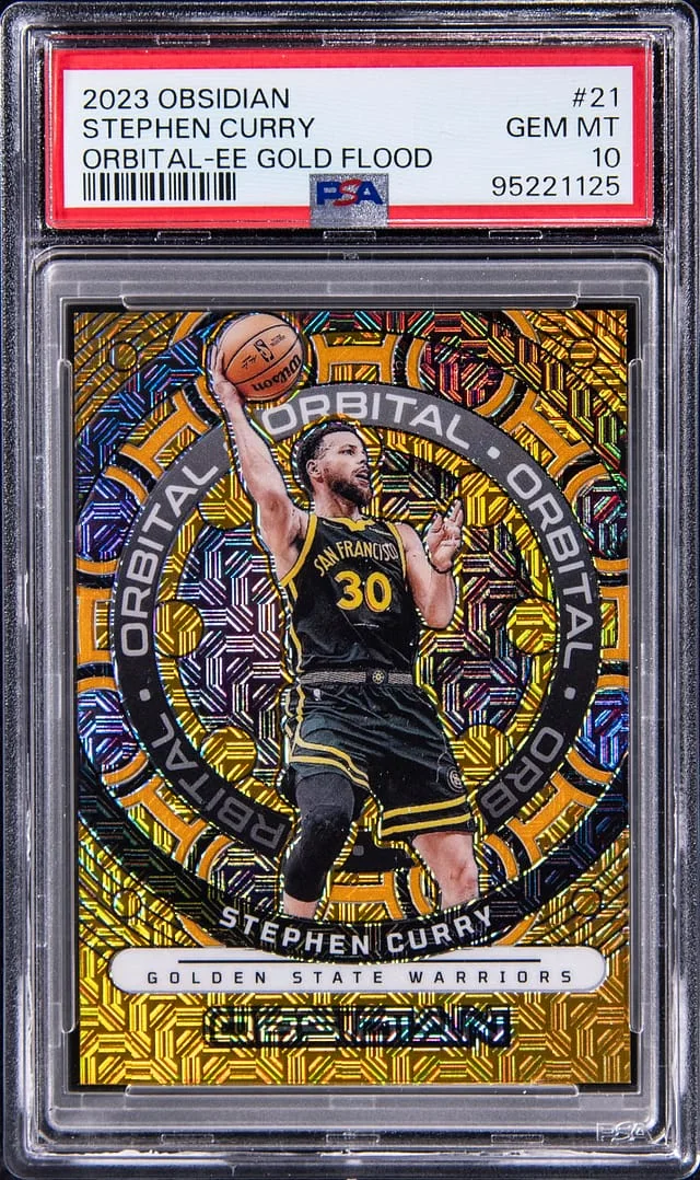 2023 Panini Obsidian Stephen Curry Orbital Electric Etch Gold Flood #21 card image
