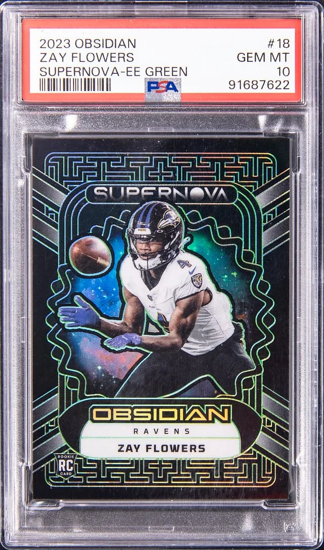 2023 Panini Obsidian Zay Flowers Supernova Electric Etch Green #18 card image