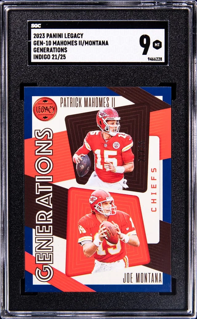 2023 Panini Patrick Mahomes II/Joe Montana Legacy Generations Indigo #GEN-10 card image