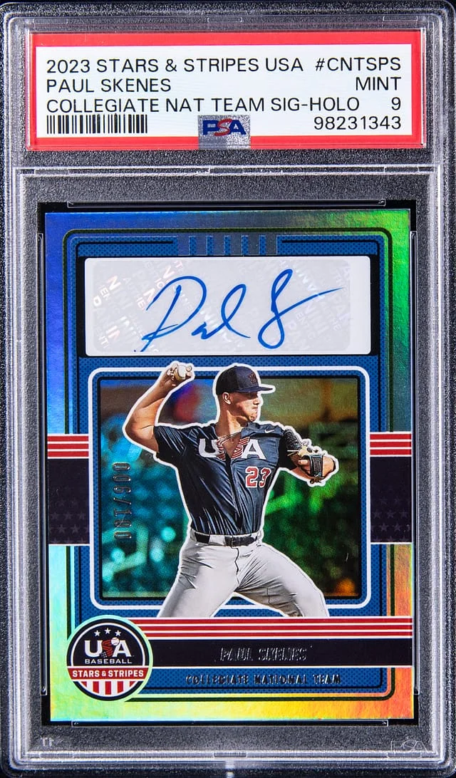 2023 Panini Paul Skenes USA Baseball Stars & Stripes Collegiate National Team Signatures Holo #CNTS-PS card image