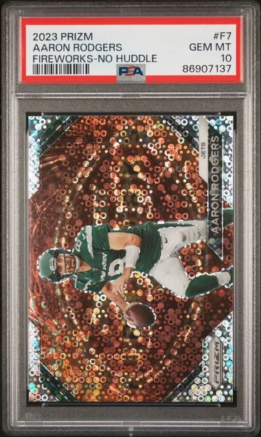 2023 Panini Prizm Aaron Rodgers Fireworks No Huddle #F7 card image