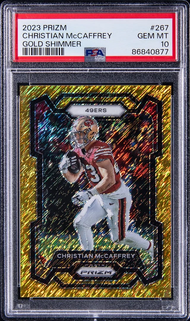 2023 Panini Prizm Christian McCaffrey Gold Shimmer Prizm #267 card image