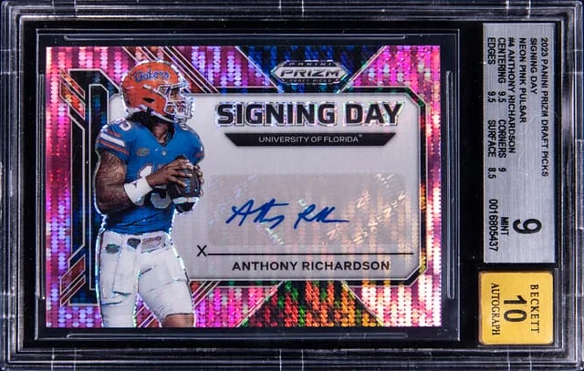 2023 Panini Prizm Draft Picks Anthony Richardson Signing Day Neon Pink Pulsar #SD-ANR card image