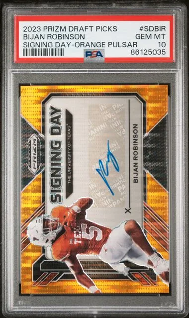 2023 Panini Prizm Draft Picks Bijan Robinson Signing Day Orange Pulsar #SD-BIR card image