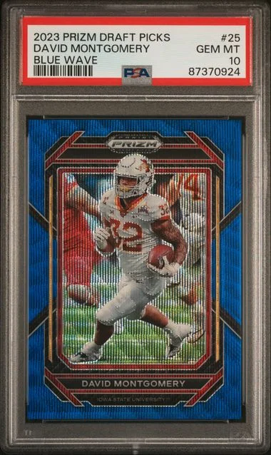 2023 Panini Prizm Draft Picks David Montgomery Blue Wave #25 card image