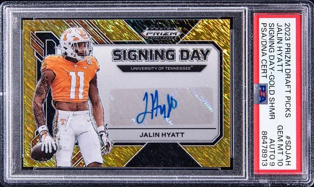 2023 Panini Prizm Draft Picks Jalin Hyatt Signing Day Gold Shimmer #SDJAH card image