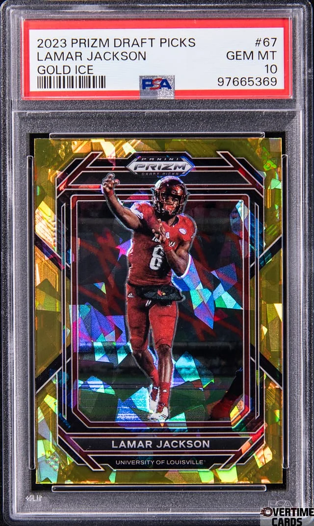 2023 Panini Prizm Draft Picks Lamar Jackson Gold Ice #67 card image