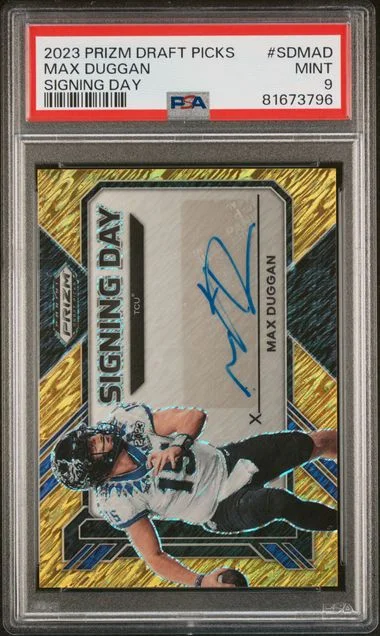 2023 Panini Prizm Draft Picks Max Duggan Signing Day Gold Shimmer #SDMAD card image