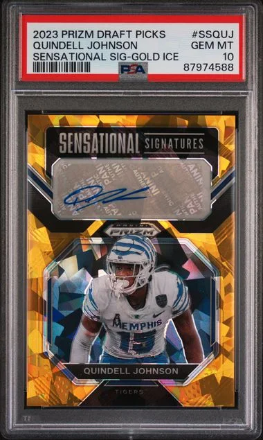 2023 Panini Prizm Draft Picks Quindell Johnson Sensational Signature Gold Ice #SSQUJ card image