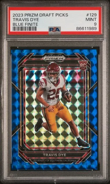 2023 Panini Prizm Draft Picks Travis Dye Blue Finite #129 card image