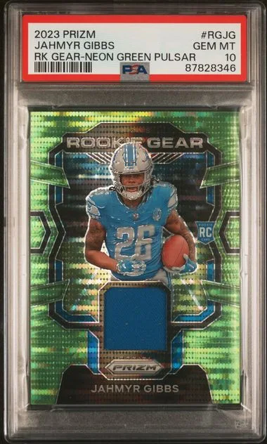 2023 Panini Prizm Jahmyr Gibbss Gear Neon Green Pulsar #RG-JG card image
