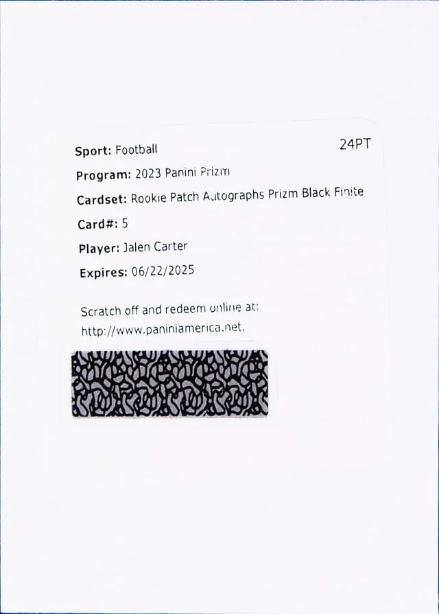 2023 Panini Prizm Jalen Carter Patch Autograph (RPA) Black Finite Prizm #5 card image