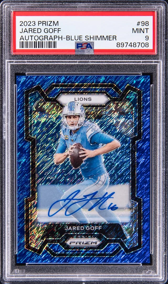2023 Panini Prizm Jared Goff Autograph Blue Shimmer #98 card image