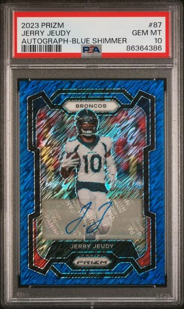 2023 Panini Prizm Jerry Jeudy Autograph-Blue Shimmer #87 card image