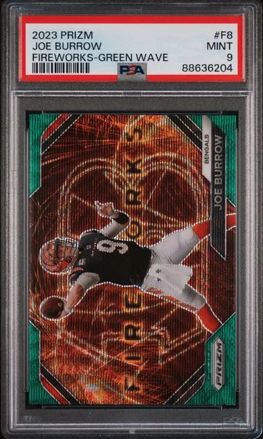 2023 Panini Prizm Joe Burrow Fireworks Green Wave #F8 card image