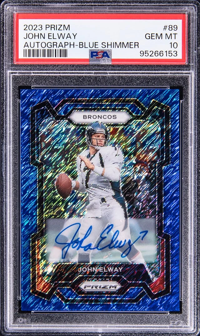 2023 Panini Prizm John Elway Autograph Blue Shimmer #89 card image