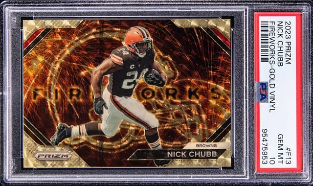 2023 Panini Prizm Nick Chubb Fireworks Gold Vinyl #F-13 card image
