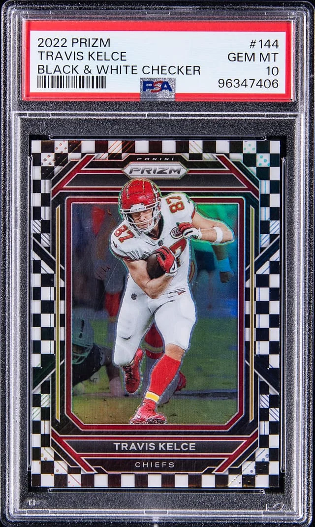 2023 Panini Prizm Travis Kelce Black & White Checker #144 card image