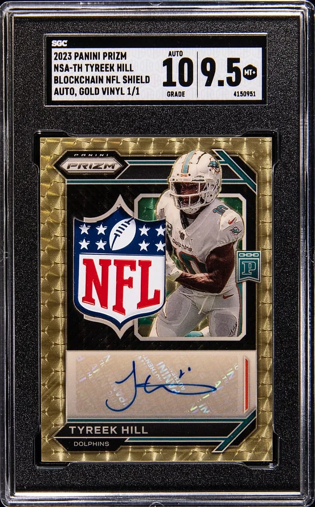 2023 Panini Prizm Tyreek Hill Blockchain NFL Shield Autographs Gold Vinyl Prizm #NSA-TH card image