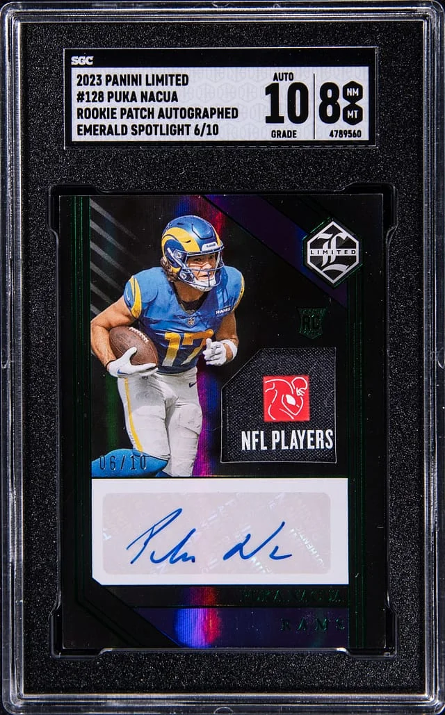 2023 Panini Puka Nacua Limited Patch Autograph (RPA) Emerald Spotlight #128 card image