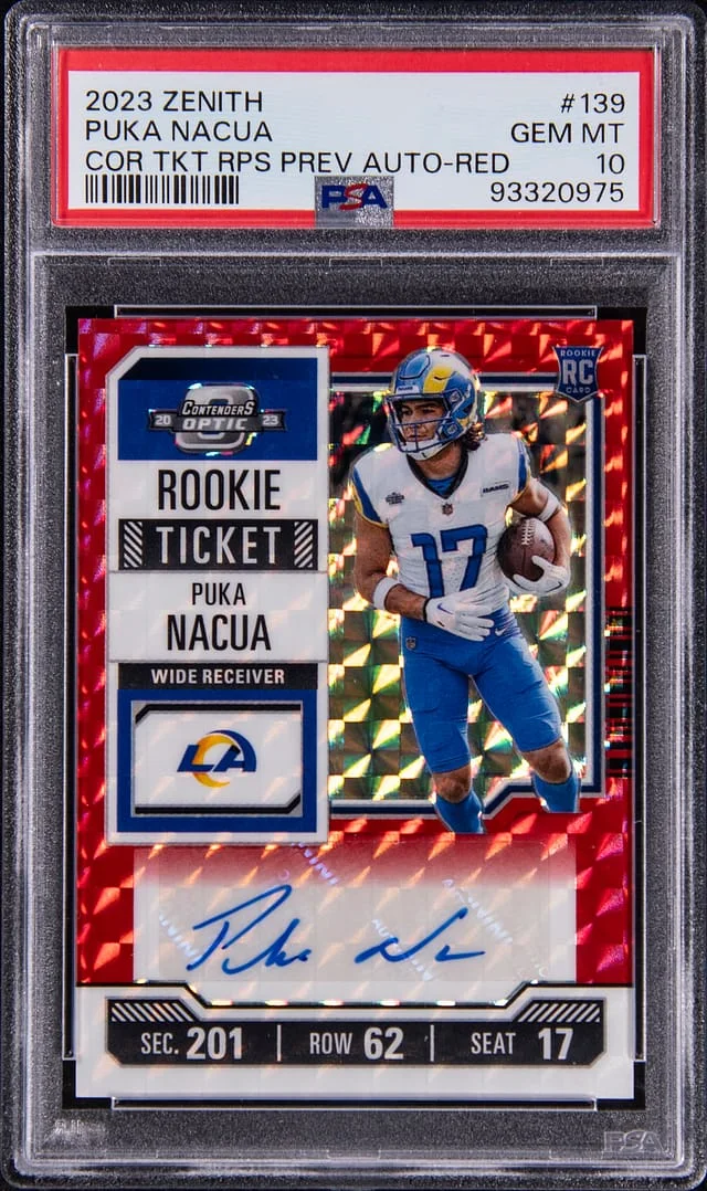 2023 Panini Puka Nacua Zenith Contenders Optic Ticket RPS Preview Autographs Red #139 card image