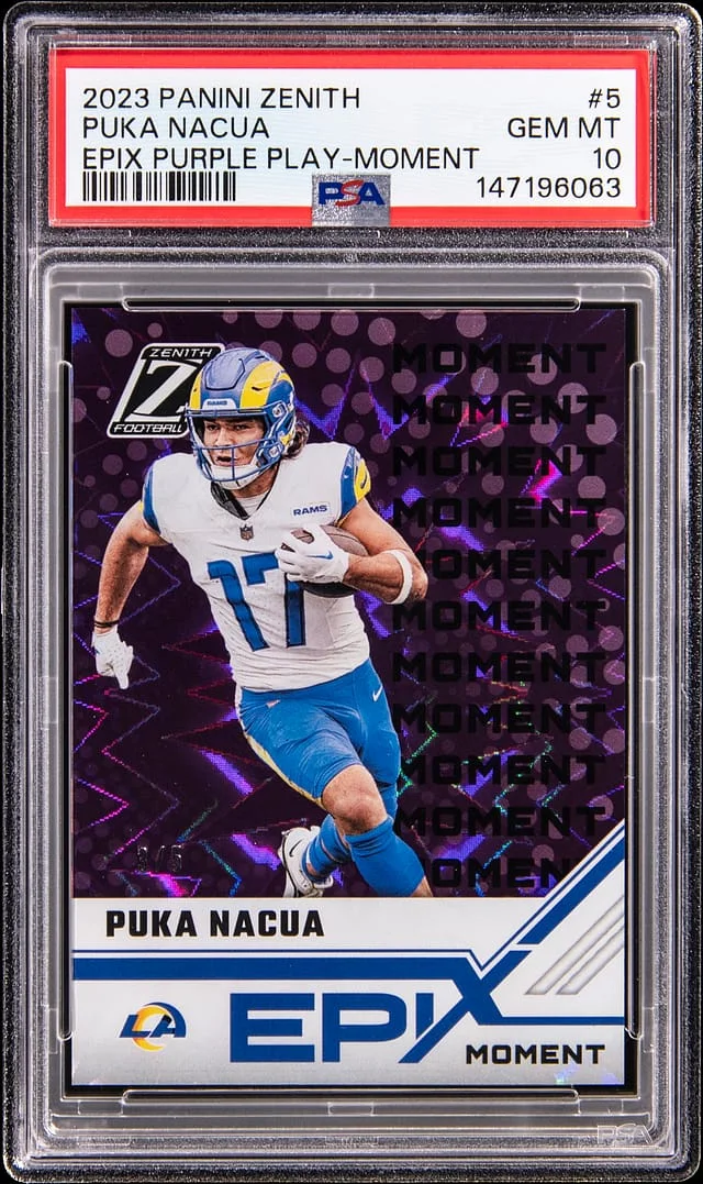 2023 Panini Puka Nacua Zenith Epix Purple Play Moment #5 card image