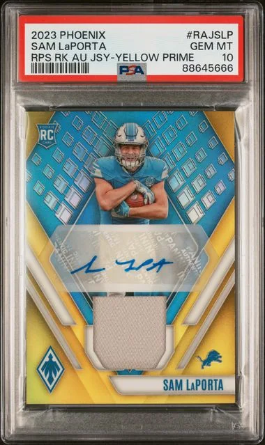 2023 Panini Sam Laporta Phoenix RPS Auto Jersey Yellow Prime #RAj-SLP card image