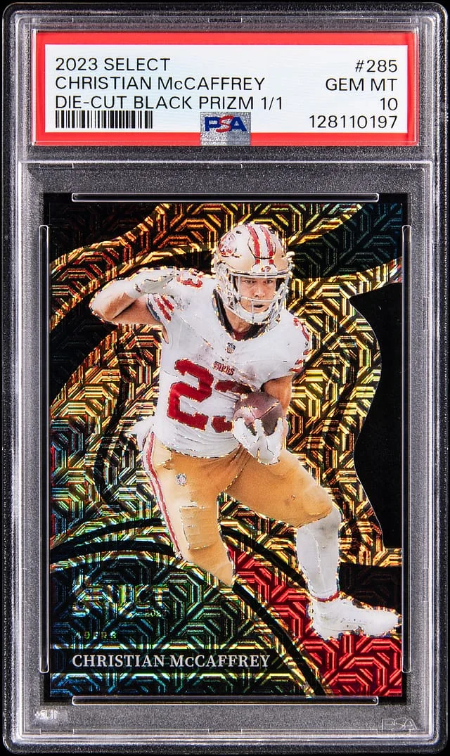 2023 Panini Select Christian McCaffrey Die-Cut Black Prizm #285 card image