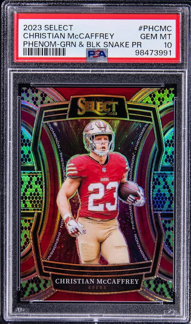 2023 Panini Select Christian McCaffrey Phenomenon Green and Black Snakeskin Prizm #PH-CMC card image