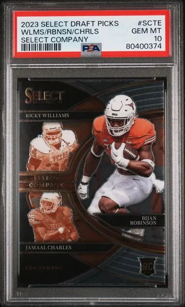 2023 Panini Select Draft Picks Bijan Robinson/Jamaal Charles/Ricky Williams Select Company #SCTE card image