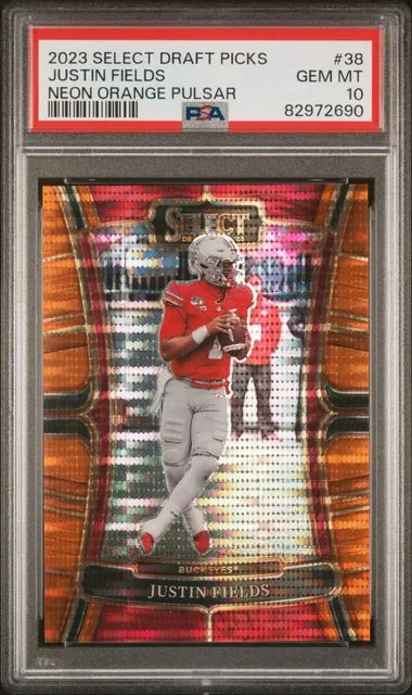 2023 Panini Select Draft Picks Justin Fields Neon Orange Pulsar #38 card image