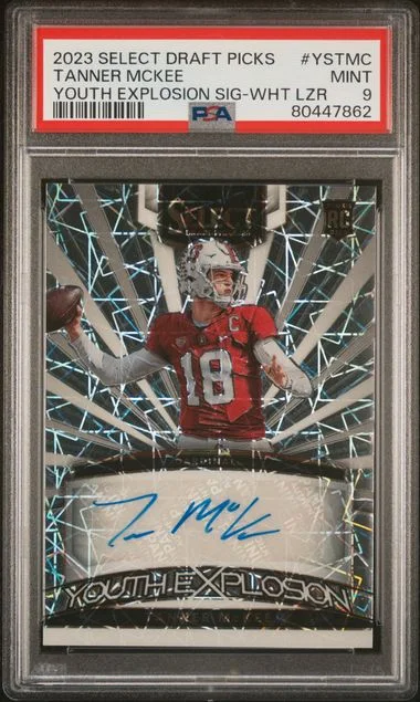 2023 Panini Select Draft Picks Tanner Mckee Youth Explosion Signature White Lazer #YSTMC card image