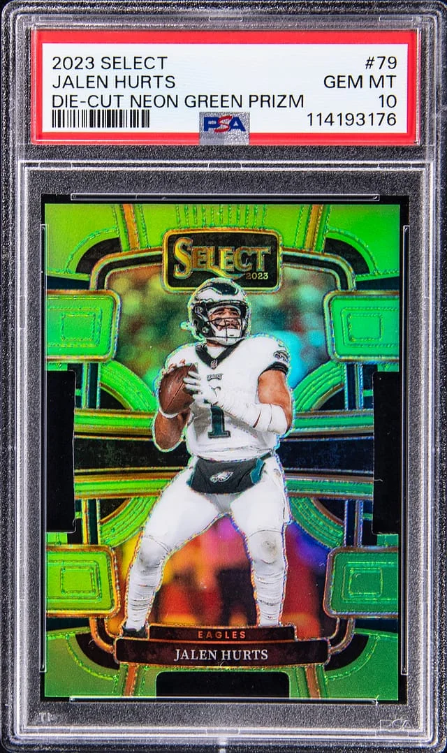 2023 Panini Select Jalen Hurts Die-Cut Neon Green Prizm #79 card image