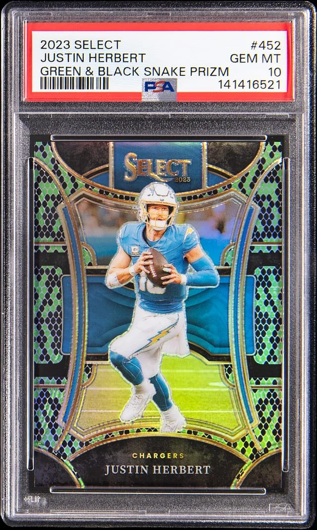 2023 Panini Select Justin Herbert Green & Black Snake Prizm #452 card image