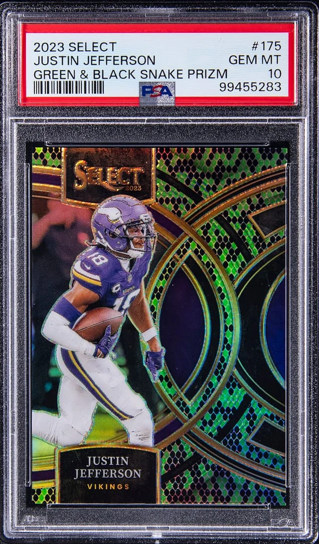 2023 Panini Select Justin Jefferson Green & Black Snakeskin Prizm #175 card image